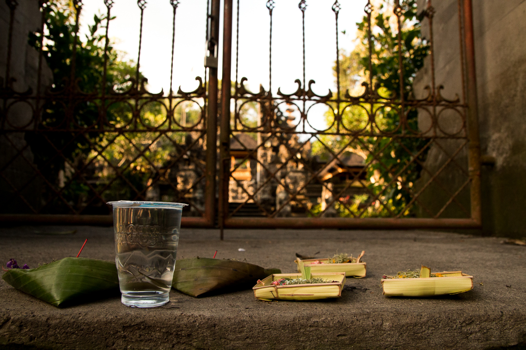 Offerings at the steps of a temple on Bali, Indonesia